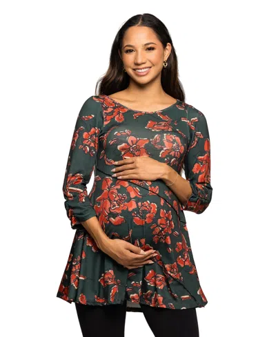 24seven Comfort Apparel Women's Green Floral Print Three Quarter Sleeve Tunic Top In Blue