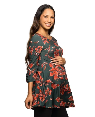 24seven Comfort Apparel Women's Green Floral Print Three Quarter Sleeve Tunic Top In Blue