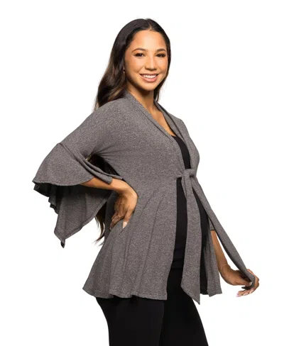 24seven Comfort Apparel Tie Front Bell Sleeve Cardigan In Gray