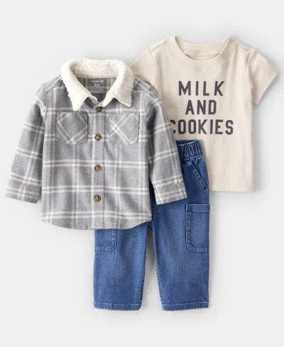 Carter's Baby Boys 3-piece Plaid Long-sleeve Shacket, T-shirt And Pants Set In Multi