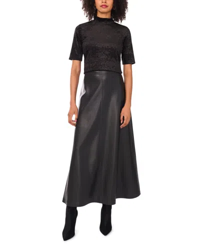 Vince Camuto Animal Print Jacquard Chenille Mesh Mock Neck Top In Black