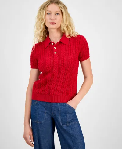 Nautica Jeans Women's Cotton Polo Cable-knit Sweater In Red