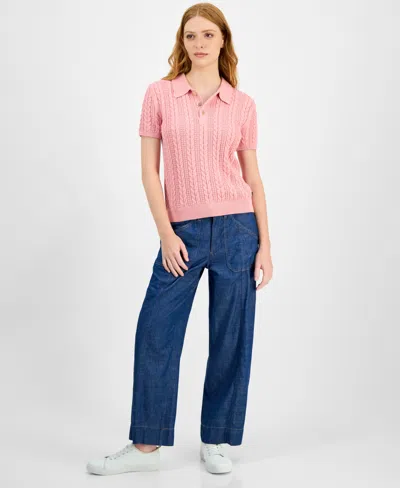Nautica Jeans Women's Cotton Polo Cable-knit Sweater In Pink