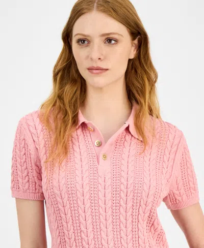 Nautica Jeans Women's Cotton Polo Cable-knit Sweater In Pink