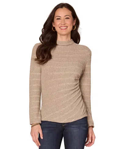 Democracy Petite Long Sleeve Mock Neck Side-ruched Top In Brown
