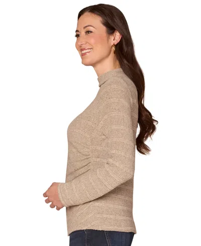 Democracy Petite Long Sleeve Mock Neck Side-ruched Top In Brown