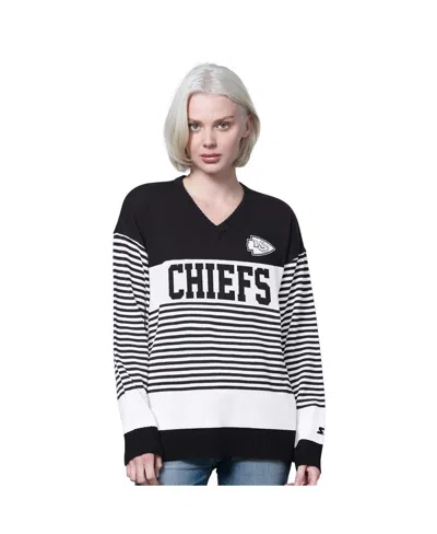 Starter Women's Black Philadelphia Eagles No Huddle Striped V-neck Sweater In Black