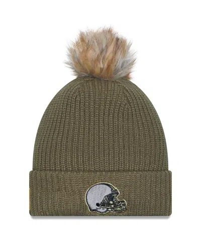New Era Women's Dark Green Cleveland Browns 2025 Salute To Service Cuffed Pom With Knit Hat In Green