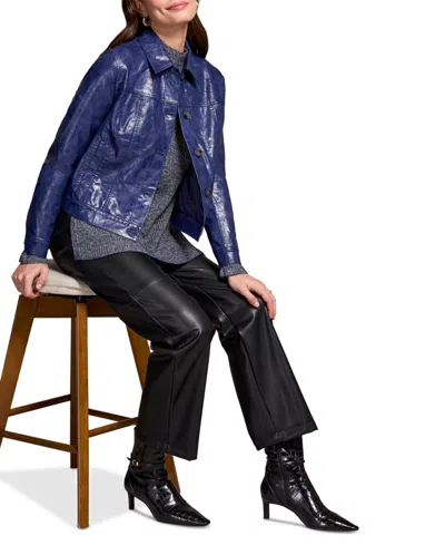 Tribal Women's Faux Leather Button-front Collar-accent Jacket In Blue