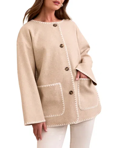 Tribal Long Sleeve Button Front Coat In Heathered Ice Latte In Brown