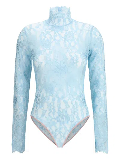 Valentino High Neck Long Sleeve Floral Lace Bodysuit In Gray