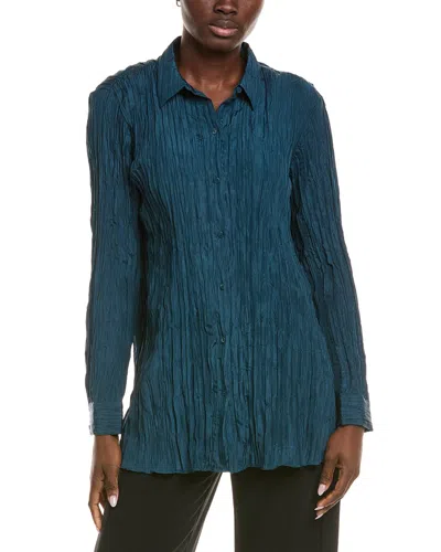 Eileen Fisher Classic Collar Silk Crinkle Shirt In Blue
