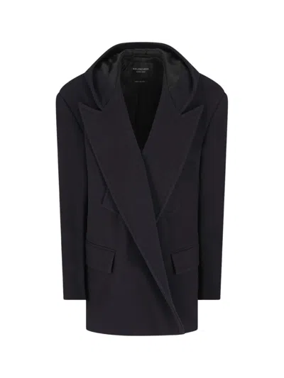 Balenciaga Men Short Coat With Hood In Blue