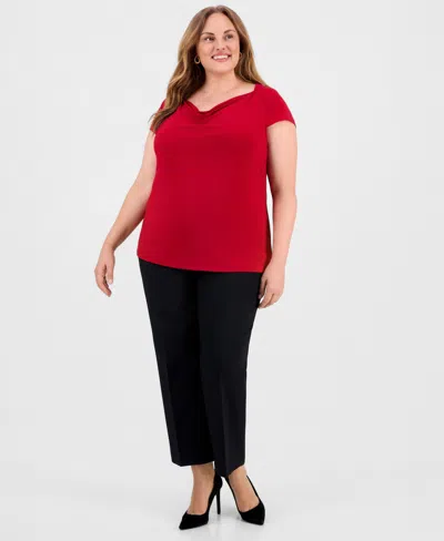 Kasper Plus Size Cowlneck Cap-sleeve Top In Red