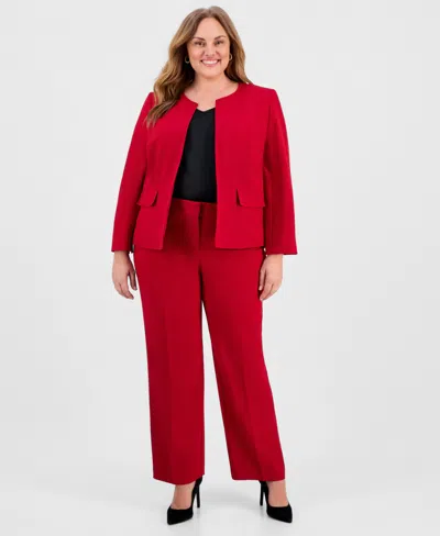 Kasper Plus Size Collarless Open-front Jacket In Red