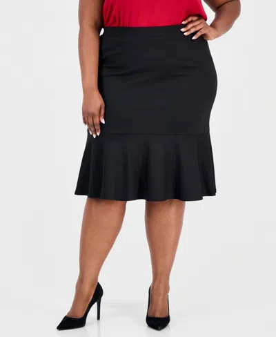 Kasper Plus Size Pull-on Ruffle-hem Compression Skirt In Black