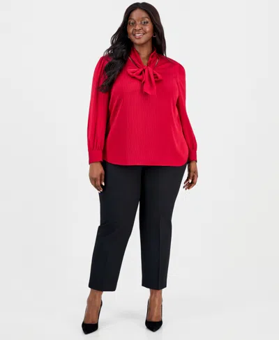 Kasper Plus Size Satin Stripe Tie-neck Long-sleeve Top In Red