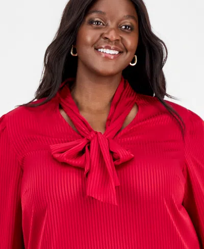Kasper Plus Size Satin Stripe Tie-neck Long-sleeve Top In Red