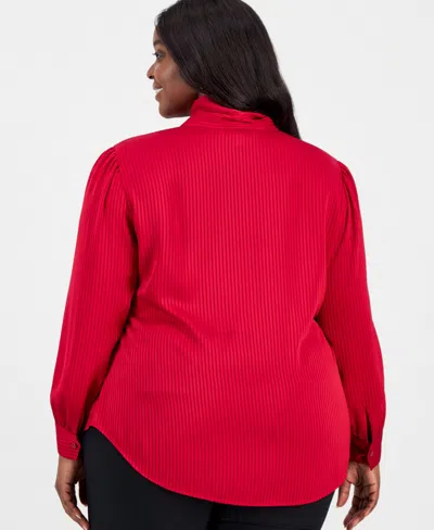 Kasper Plus Size Satin Stripe Tie-neck Long-sleeve Top In Red