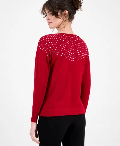 Ak Anne Klein Women's Embellished Drop-shoulder Sweater In Red