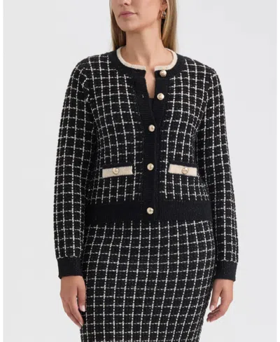 Ellen Tracy Plaid Stitch Cardigan In Black