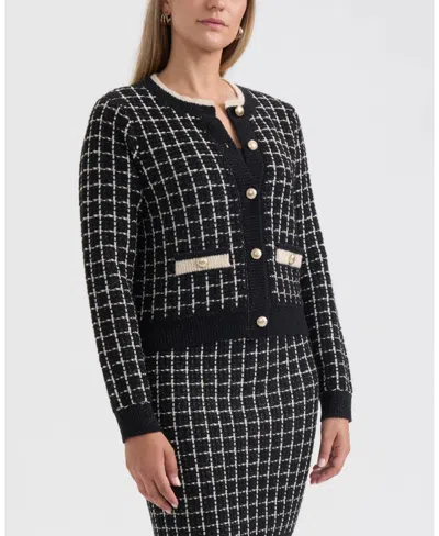 Ellen Tracy Plaid Stitch Cardigan In Black