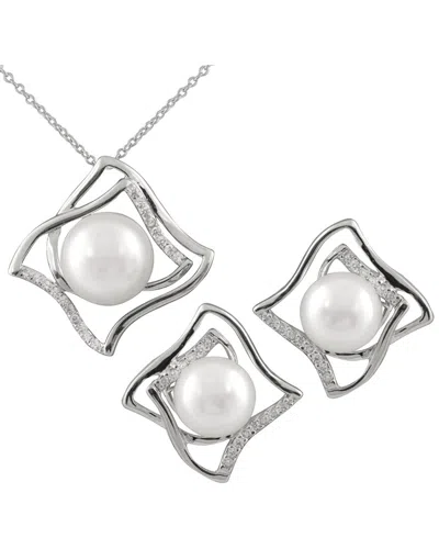 Splendid Pearls Silver 10mm Pearl Cz Set In Metallic