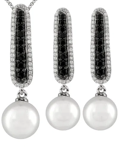 Splendid Pearls Silver 10mm Pearl Cz Set In Black