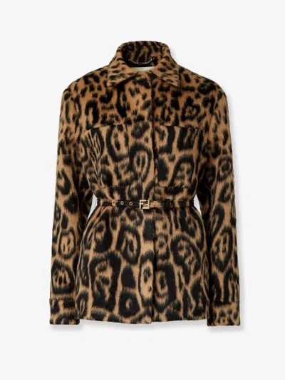 Fendi Women Multicolor Coat With Ff Buckled Belt On The Front And All-over Leopard Motif In Wool Ble In Brown