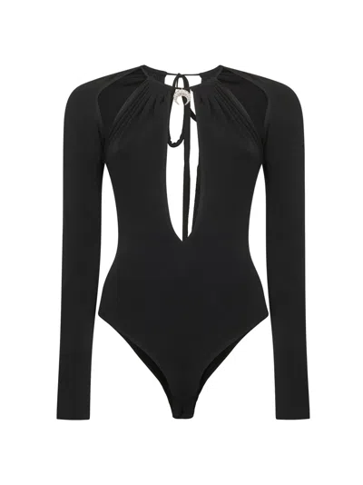 Marine Serre Black Draped Jersey Long-sleeved Bodysuit In Black