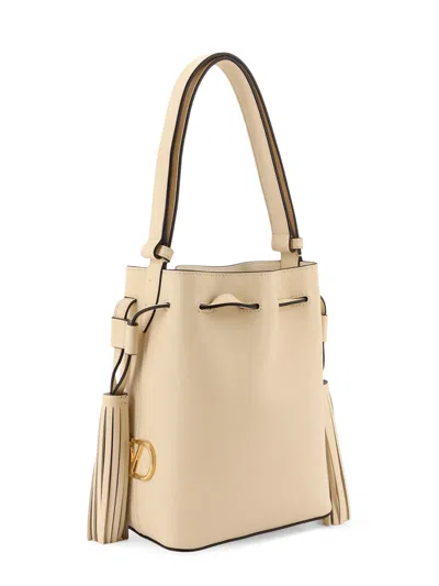 Valentino Leather Bucket Bag With Metal Vlogo Signature In Neutral