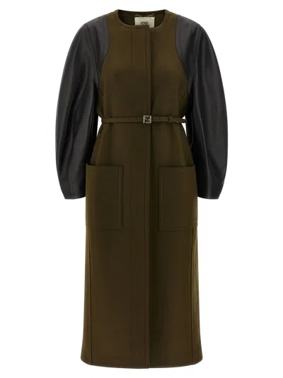 Fendi Green Wool Midi Coat With Leather Sleeves In Multi