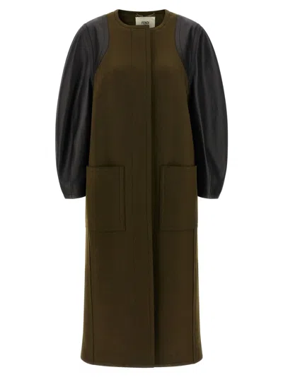 Fendi Green Wool Midi Coat With Leather Sleeves In Multi