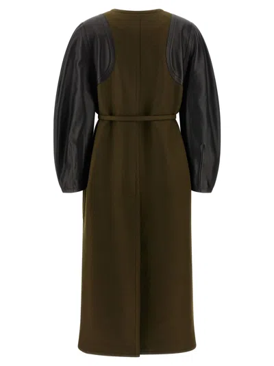 Fendi Green Wool Midi Coat With Leather Sleeves In Multi