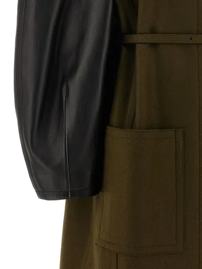 Fendi Green Wool Midi Coat With Leather Sleeves In Multi