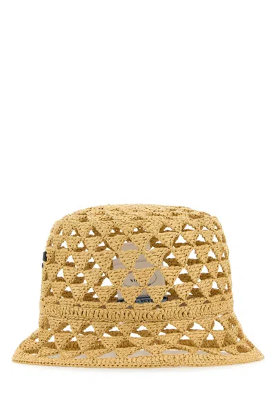 Prada Natural Raffia Bucket Hat In Brown