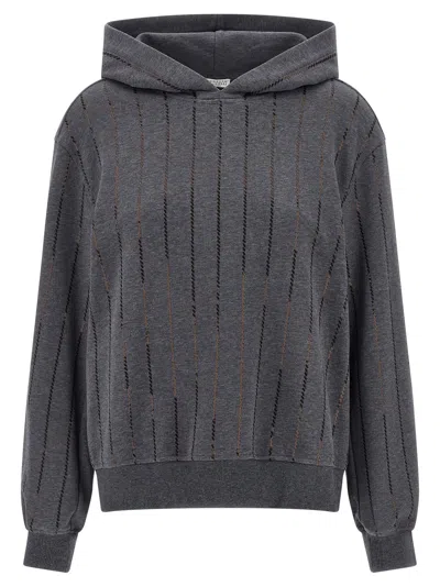 Brunello Cucinelli Dazzling Chalk Stripe Embroidery Cotton Sweatshirt In Gray