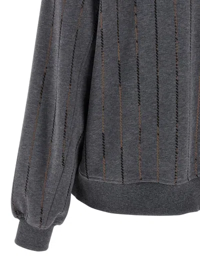 Brunello Cucinelli Dazzling Chalk Stripe Embroidery Cotton Sweatshirt In Gray