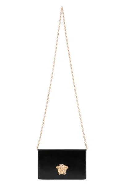 Versace Patent Leather Wallet On Chain In Brown