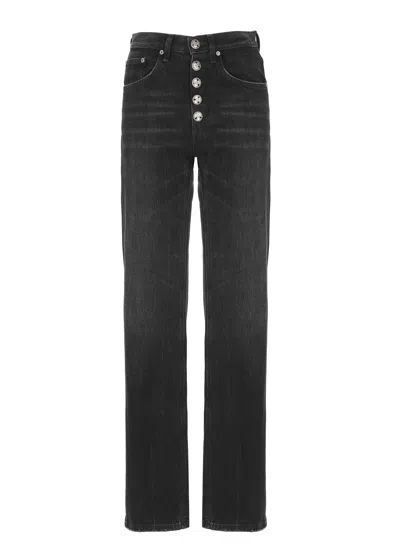 Dondup High-waisted Wide-leg Jeans With Decorative Button Fly In Black