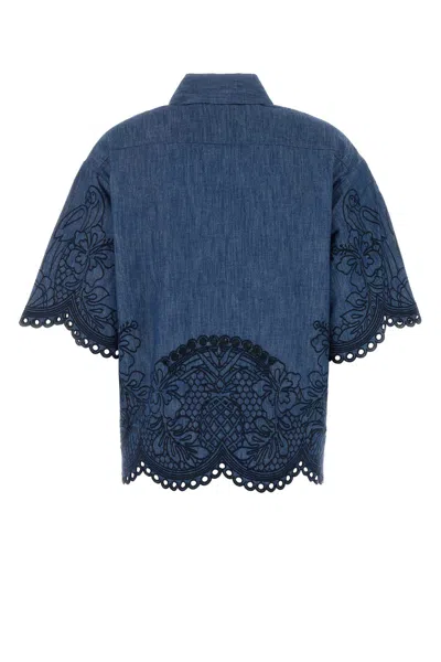 Zimmermann Denim Shirt With Floral Embroidery And Collared Neck In Blue