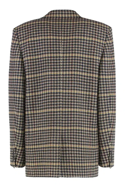 Saint Laurent Brown Double-breasted Jacket With Notched Revers And All-over Check Motif In Wool Woman In Brown