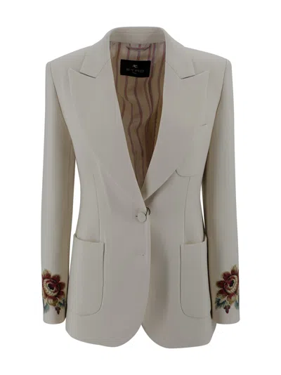 Etro Tailored Wool Blend Jacket With Floral Embroideries In White
