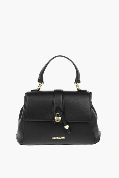 Moschino Love Faux Leather Handbag With Heart Shaped Charm In Black
