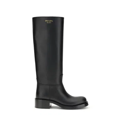 Prada Knee-high Leather Block Heel Boots In Black