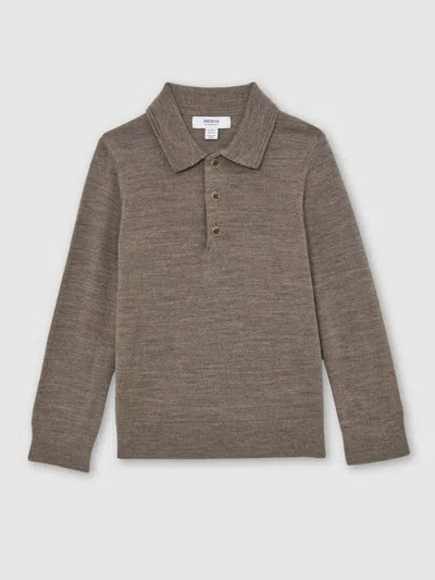 Reiss Dark Brown Melange Trafford Merino Wool Long-sleeve Polo Shirt In Gray