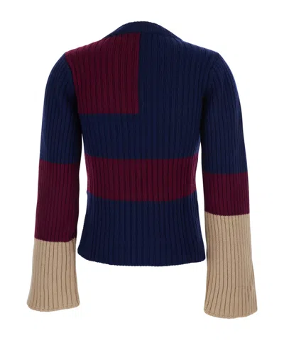 Merci Multicolor Crew Neck Sweater With Color Block Motif And Ribbed Design In Wool Woman In Multi