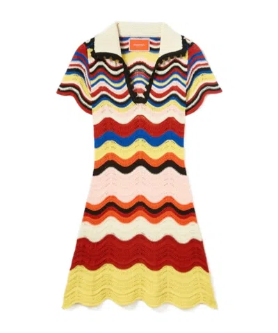 La Doublej Scalloped Striped Pointelle-knit Cotton Mini Dress In Multi
