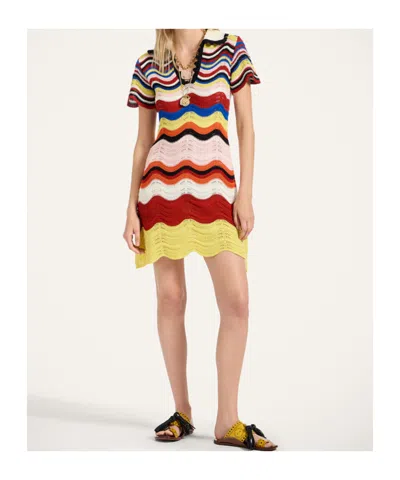 La Doublej Scalloped Striped Pointelle-knit Cotton Mini Dress In Multi