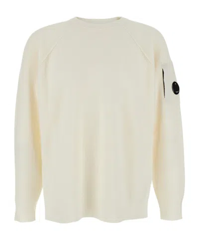 C.p. Company Men White Crewneck Sweater With Logo Plaque On The Sleeve In Wool Blend Man In White